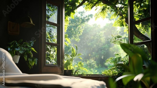 Bedroom with a large window that offers a beautiful view of the greenery outside. the window is made of wood and has a wooden frame.