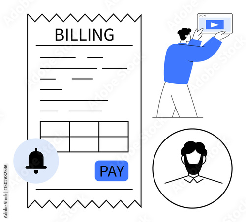 Online billing receipt with payment button, notification bell, user profile, and person holding a tablet. Ideal for finance systems, e-commerce, online payments, digital tools, user management