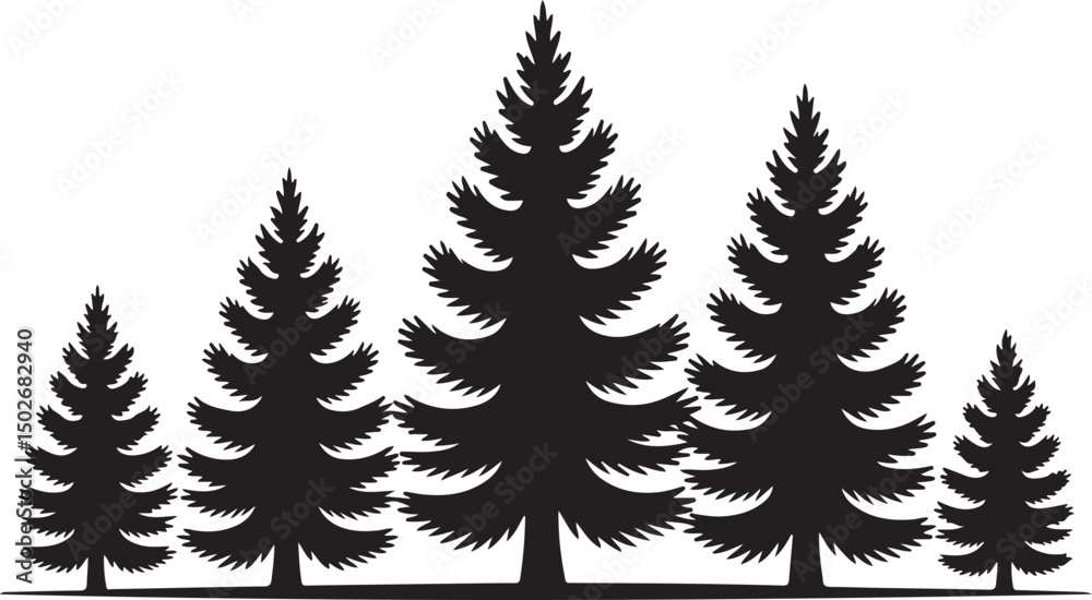 Obraz premium Pine Tree Silhouette Set – Black Evergreen Forest Illustration with Fir Trees in Vector Style