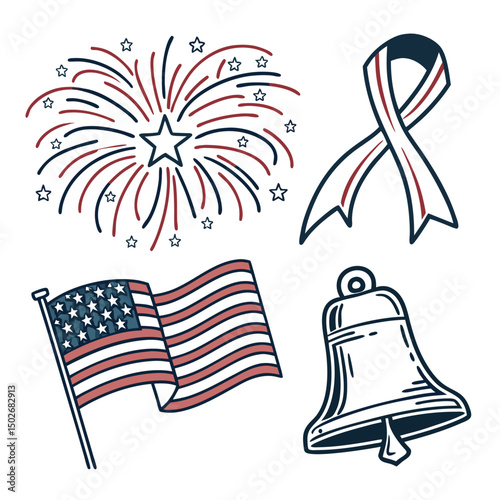 Patriotic American Celebration Icons with Fireworks, Ribbon, Flag, and Liberty Bell Illustration