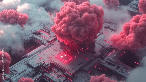 Pink smoke bursts from a glowing, gray, circuit-like structure in a cloudy sky