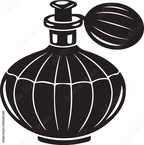 Vintage glass perfume bottle illustration with isolated black liquid spray