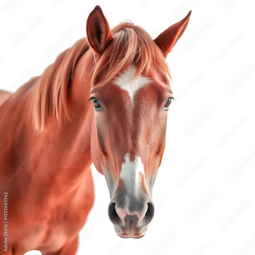 Fototapeta premium Beautiful brown horse head portrait, isolated on white with a flowing mane