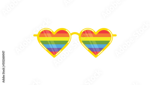 Sunglasses with LGBT rainbow lenses. gay pride month. funky sunglasses. pride sunglasses on heart shapes. LGBT pride, gay, glasses concept