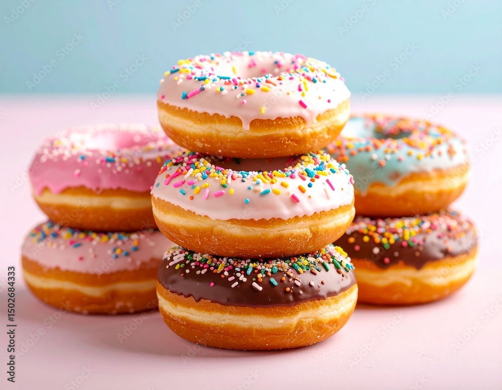 Fototapeta premium Stack of assorted delicious glazed donuts with sprinkles