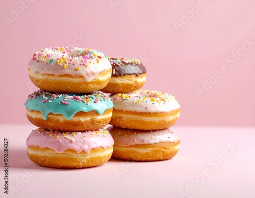 Wallpaper Mural Stack of assorted delicious glazed donuts on pink background Torontodigital.ca