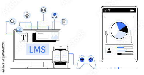 Computer with LMS resources, mobile analytics chart, open book, game controller, and linked icons. Ideal for e-learning, user interface, gamification, education analytics tech data simple landing