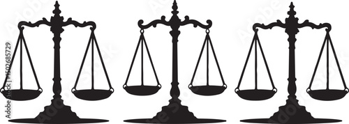Scales of Justice Silhouette Set – Black Legal Balance Symbol Icons in Vintage Style

