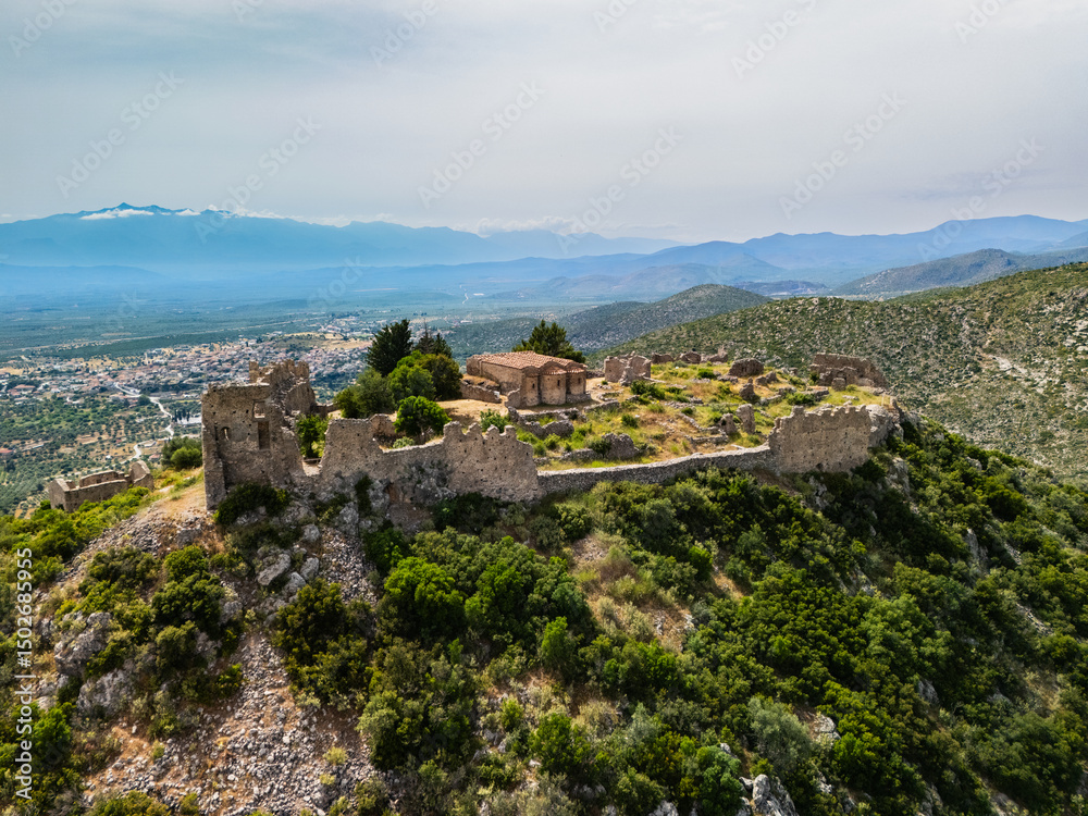 Fototapeta premium Aerial shot of Geraki castle, Peloponnese Greece.