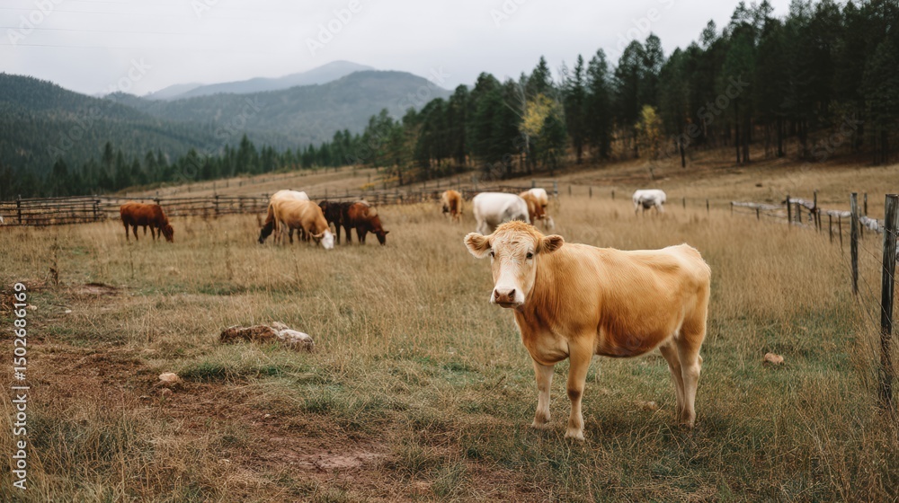 Fototapeta premium A solitary cow stands alert in a pasture while others feed, symbolizing the watchful life on an ethical cattle farm..