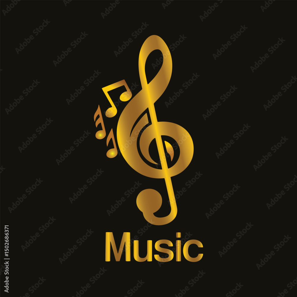 Fototapeta premium Stylish gold vector music logo featuring a bold treble clef and floating notes above the word “Music”. Perfect for music schools, labels, bands, or audio apps seeking a refined, professional identity.