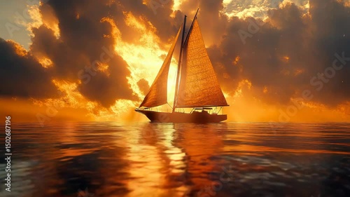 A sailer in the middle of the ocean at sunset