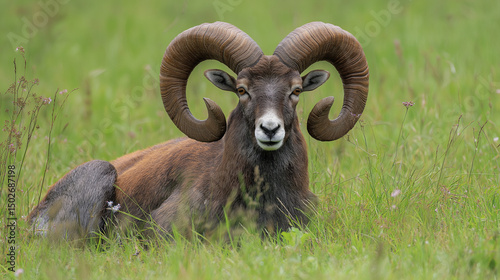 European mouflon lying in the meadow