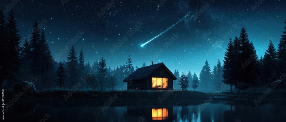 Fototapeta premium Beautiful night scene of a cabin in the middle of a forest. the cabin is made of wood and has a sloping roof, with a chimney on top.