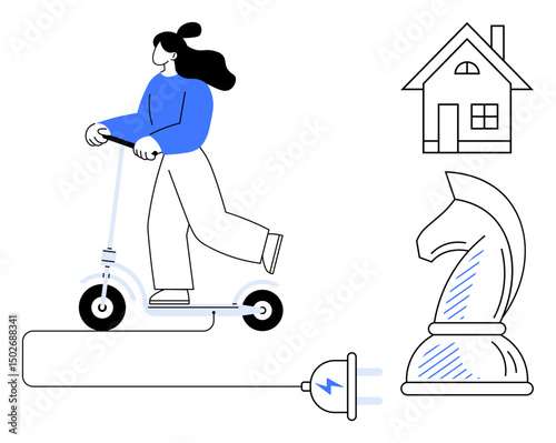 Woman on electric scooter, plug for charging, house outline, and chess knight symbol Ideal for sustainability, transportation, technology, home connection, strategy, mobility green energy flat