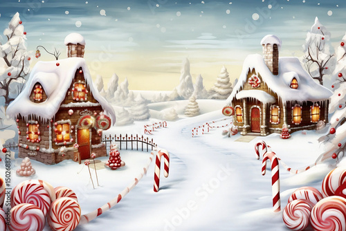 christmas tree and snowman, Christmas Candy Wonderland , Beautiful portrait cozy winter landscape at Christmas time ai vector illustration