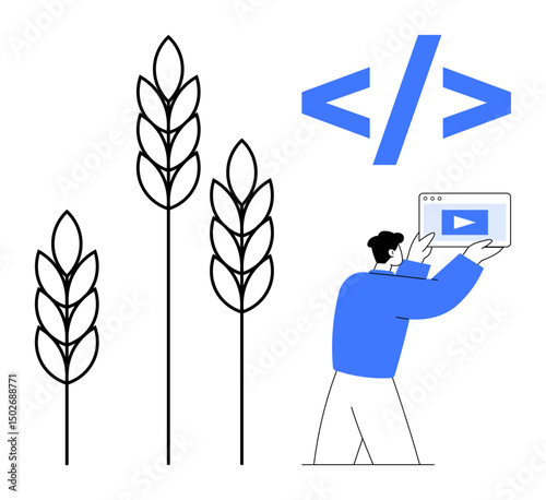 Developer holding and analyzing a digital interface with growth-themed wheat stalks and coding brackets. Ideal for technology, farming, innovation, sustainability, software, growth, and simple