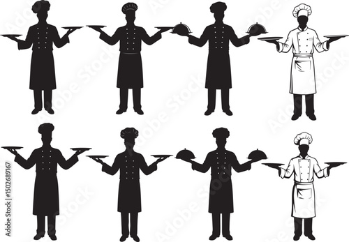 Chef Holding Plates Silhouette Vector Illustration