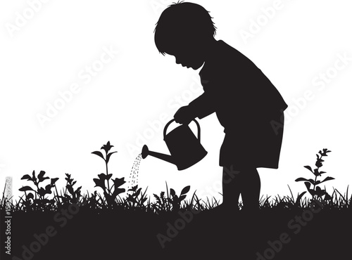 Child Working in the Garden Silhouette Vector Illustration