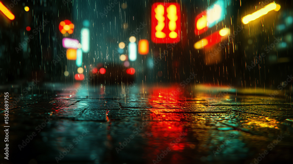 Fototapeta premium The street on a rainy night is illuminated by neon signs against the backdrop of blurred silhouettes of buildings..