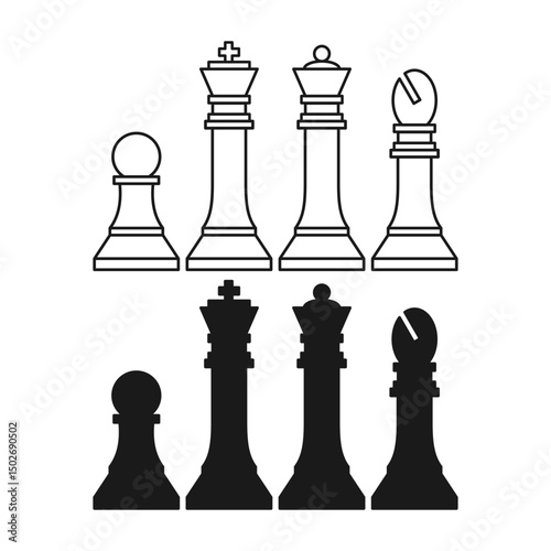 Minimalist Chess Pieces Flat Black and Outline Style. Strategy Chess Piece Icons on White Background.