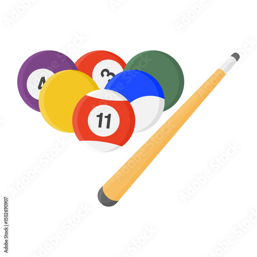 Colorful Billiard Balls with Cue Sticks on White Background. Billiard Balls and Cue Sticks Icon Indoor Sports Equipment.