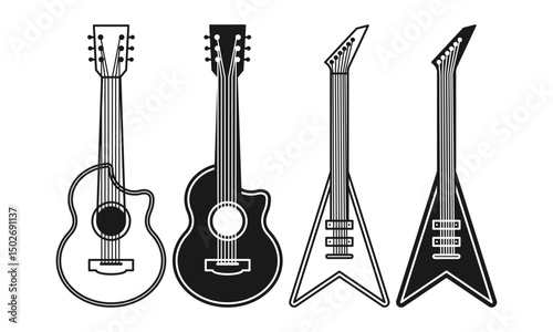 Electric Guitar Music Instrument Black Flat and Outline Style. Guitar Icon.