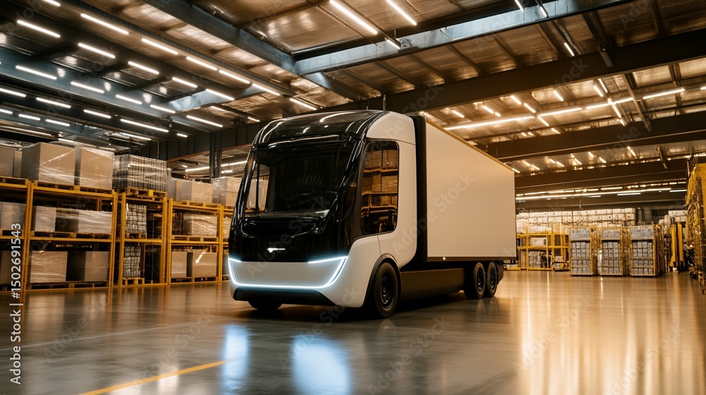 Fototapeta premium Electric Semi-Truck in Modern Warehouse Facility