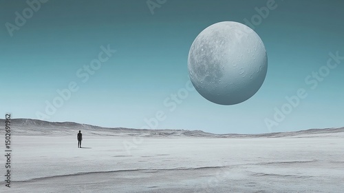 Solitary Figure Underneath a Giant Pale Moon in a Desolate Landscape