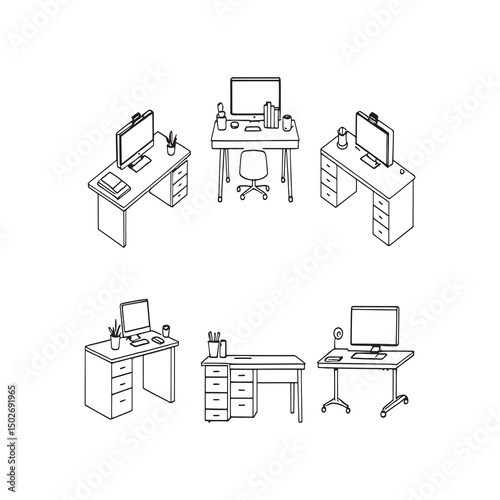 Vector outline of tidy work desk with laptop and stationery