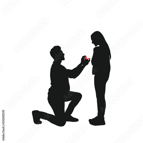 A black silhouette of a man proposing to a woman. Perfect for romantic projects, wedding invites, prints, and love-themed designs. Clean, elegant, and timeless.