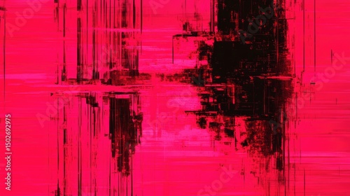 Abstract digital painting with vibrant pink and black glitch effect, showcasing layered brushstrokes and textured surfaces