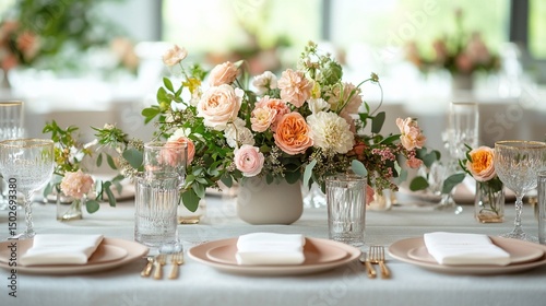 Elegant Peach and Ivory Wedding Table Setting with Floral Centerpiece