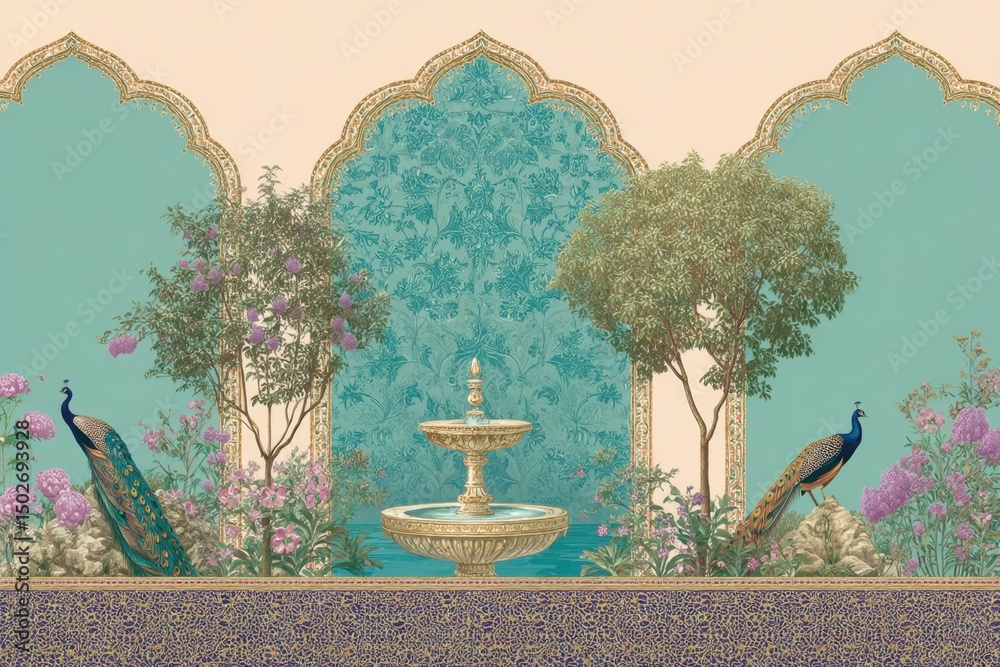 Fototapeta premium A Journey Through Time Traditional Mughal Garden Serenity The Majestic Arches Frame Tranquility