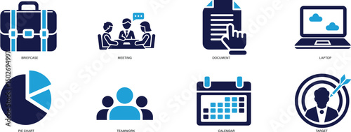 Business & Office Icon Set Briefcase, Teamwork, Meeting, Document, Laptop, Strategy You can easily change the color.