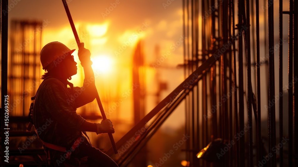 Fototapeta premium Side view of a worker gripping steel bars on a construction site, golden evening sunlight casting dramatic shadows around him..