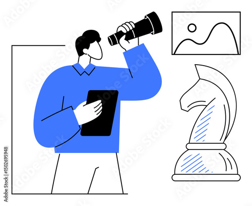 Person holding tablet and looking through telescope, chess knight piece, framed landscape art. Ideal for strategy, innovation, planning, leadership, vision creativity goals. Flat simple metaphor
