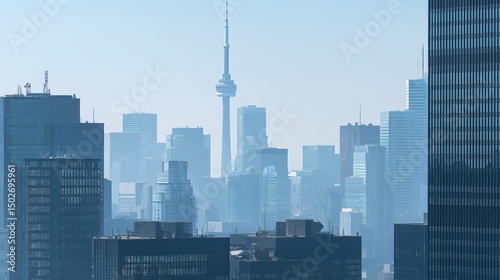 Skyline of business buildings in downtown seen through haze and urban texture..