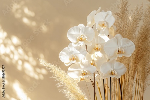 Soft white orchids and pampas grass in muted light