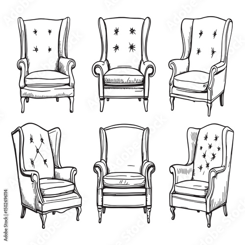 Minimalist line drawing of a stylish wingback armchair