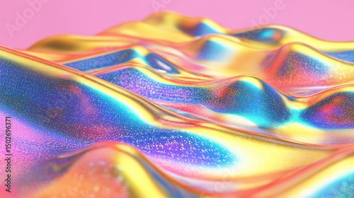 Iridescent, flowing, metallic landscape with vibrant color gradients and subtle texture