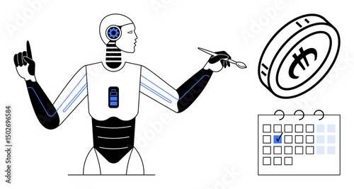 Humanoid robot managing cryptocurrency represented by a large coin while interacting with a calendar for task scheduling. Ideal for automation, fintech, AI, future, robotics, scheduling