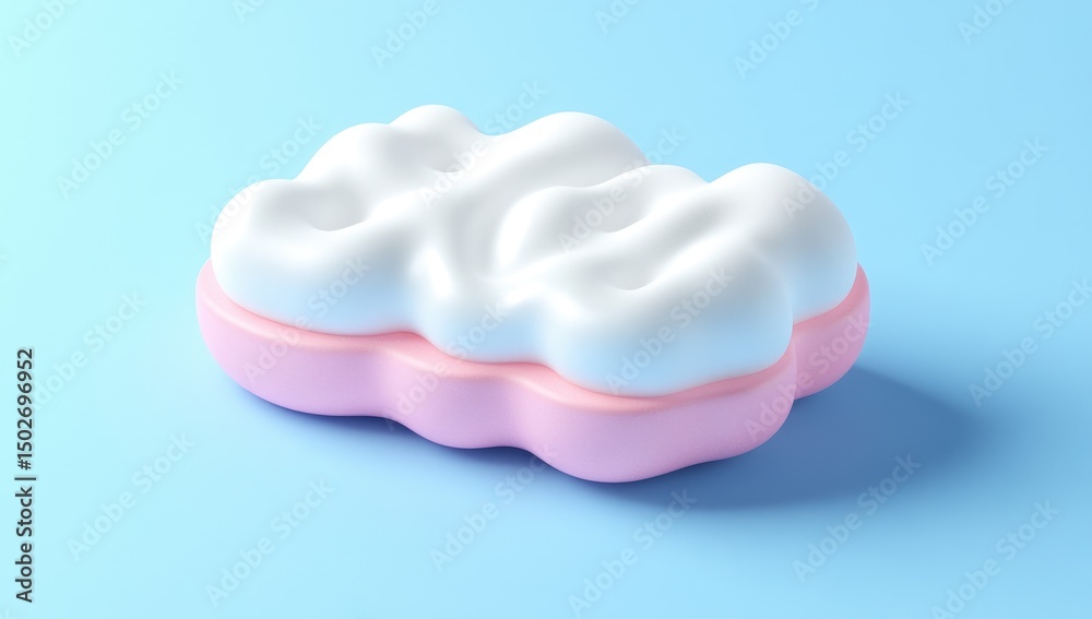 Whimsical cloud-shaped object, white and pink, sits on a light blue surface Whimsical cloud-shaped object, white and pink, sits on a light blue surface