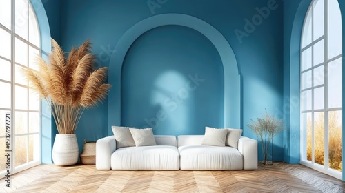 Serene living room with arched windows, blue walls, white sofa, pampas grass, and hardwood floors