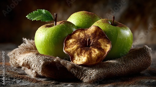 Apple chips with cinnamon dusting laid on parchment