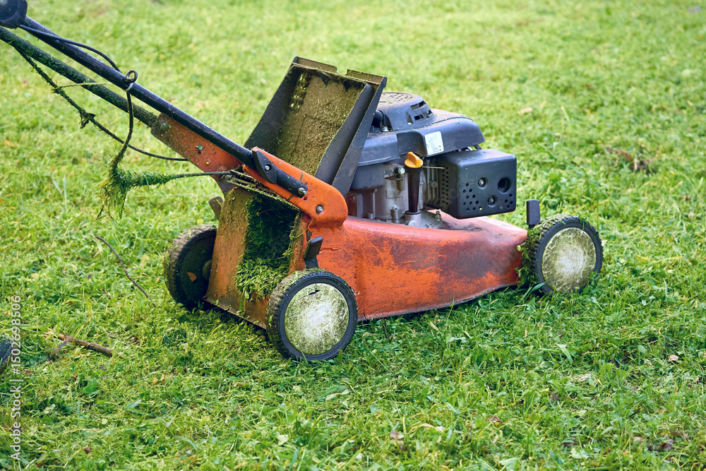 Fototapeta premium Professional grass cutting on lawns with handle lawn mower