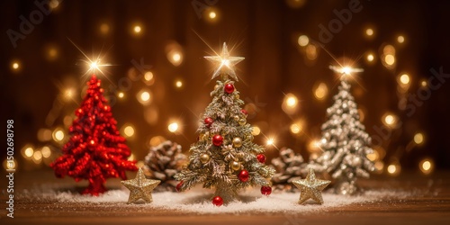 Three decorated Christmas trees with red and gold ornaments displayed indoors, festive holiday decor.