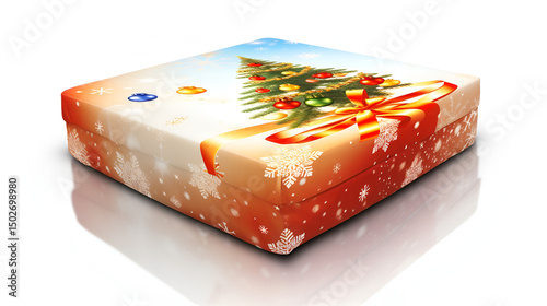 slice of cake with mint, Christmas gift snow box, Delicious Slice of Cake with Fresh Mint Garnish, Festive Christmas Gift Box with Snowy Design,