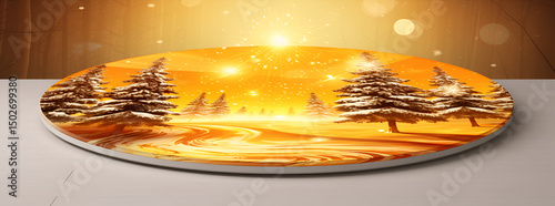 christmas cake with candles, Minimalist light gold and yellow circular podium stage, A picture of a lake with a lot of pine trees in the background

