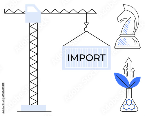 Crane hoisting container labeled import, chess knight symbolizing strategy, plant growing from flask representing innovation, growth, global trade, and development. Ideal for economy, business